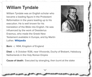 William Tyndale: strangled then burnt at the stake for publishing a translation of the Bible.