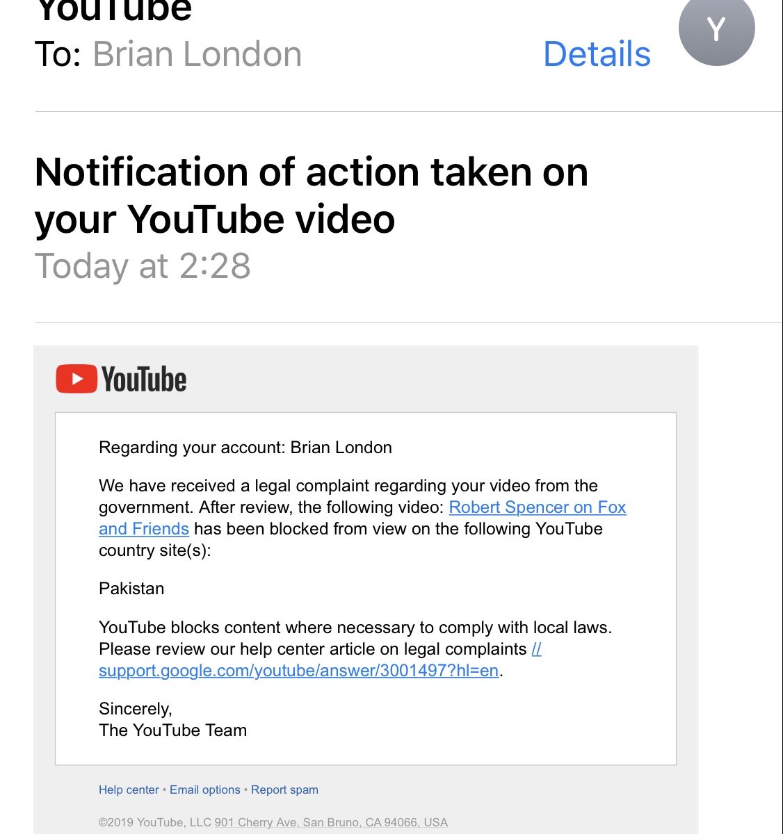 Banned in Pakistan email from YouTube