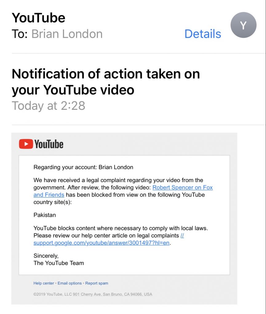 Banned in Pakistan email from YouTube