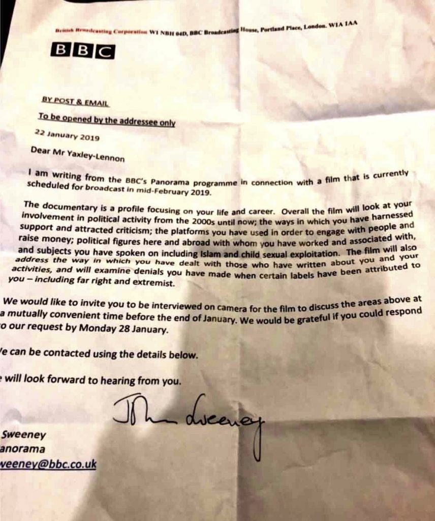 BBC’s letter telling Tommy Robinson he is supposed to be the subject of an act of “journalism” committed by the BBC.