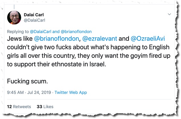 Jews like 
@brianoflondon
, 
@ezralevant
 and 
@OzraeliAvi
 couldn't give two fucks about what's happening to English girls all over this country, they only want the goyim fired up to support their ethnostate in Israel.

Fucking scum.
